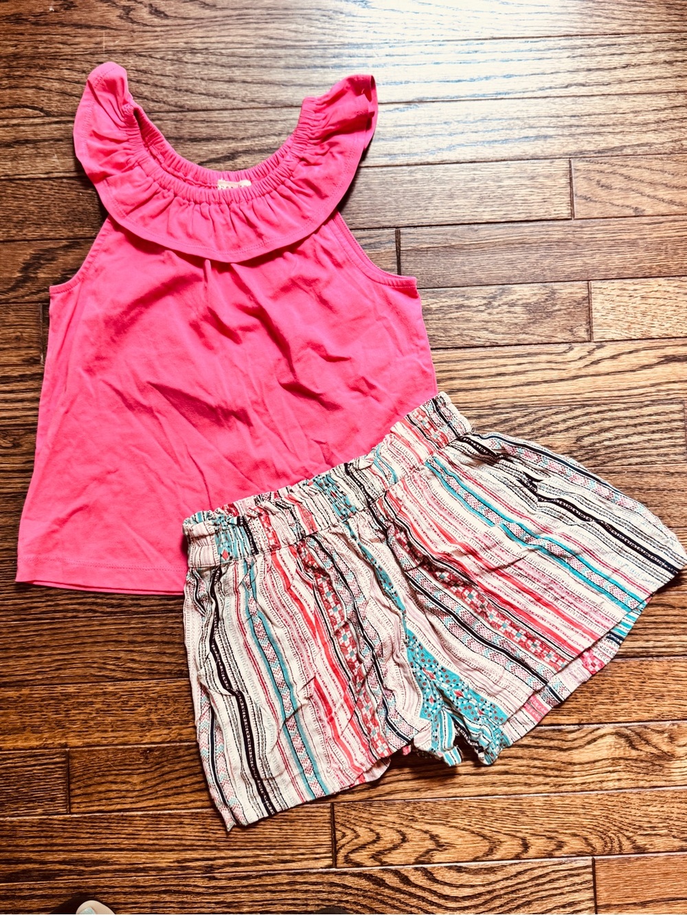 Coral Ruffle Tank with Teal and Coral Patterned Shorts